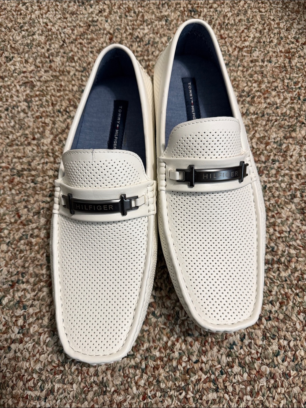 Tommy Hilfiger White Perforated Slip-On Loafers with Metal Accent